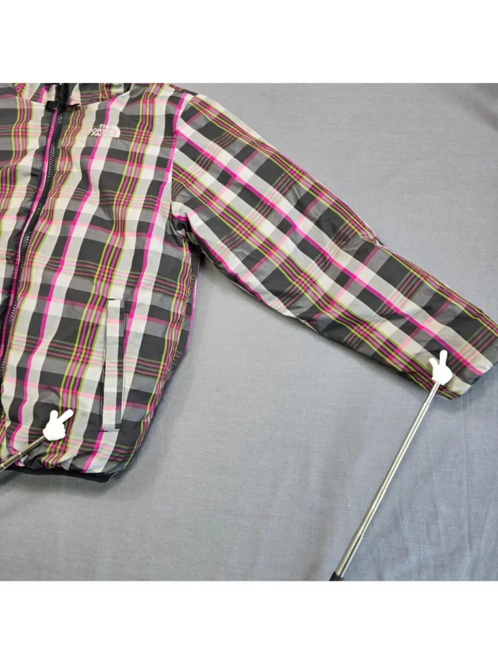 The North Face Girls M 10/12 Reversible Hooded Jacket Black Plaid Down Insulated